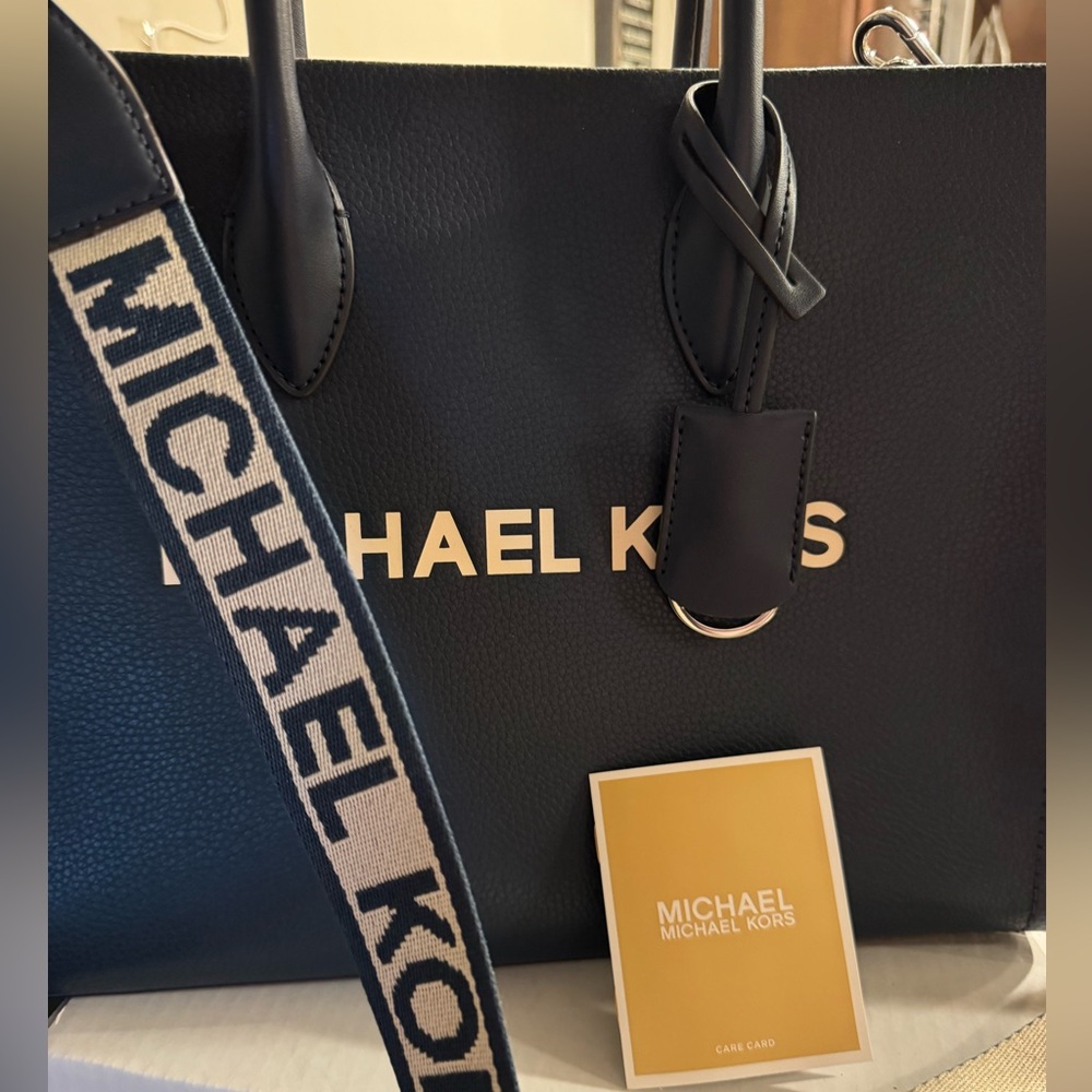 Michael Kors Navy Blue Mirella Medium Leather Tote Bag